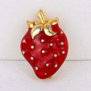 Vintage Red and Gold Toned Strawberry Brooch Pin Fruit Berry Summer Bright Small
